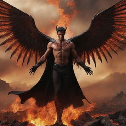 Lucifer, the fallen angel, devilishly handsome with fiery eyes and wings spread wide amidst an infernal landscape, his aura radiating power and malevolence.