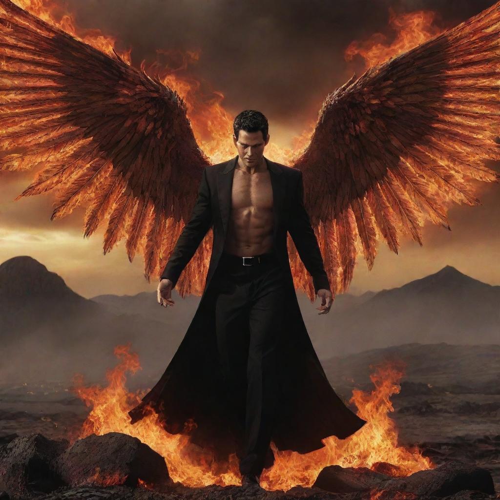 Lucifer, the fallen angel, devilishly handsome with fiery eyes and wings spread wide amidst an infernal landscape, his aura radiating power and malevolence.