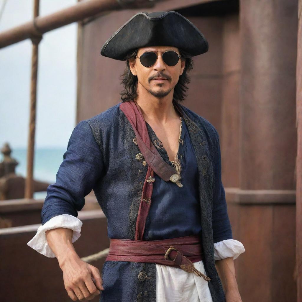 Shah Rukh Khan dressed as a pirate from the Caribbean, complete with traditional pirate clothes, an eye patch and the backdrop of a pirate ship