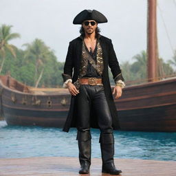 Shah Rukh Khan dressed as a pirate from the Caribbean, complete with traditional pirate clothes, an eye patch and the backdrop of a pirate ship