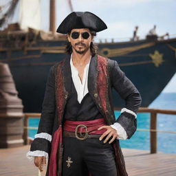 Shah Rukh Khan dressed as a pirate from the Caribbean, complete with traditional pirate clothes, an eye patch and the backdrop of a pirate ship