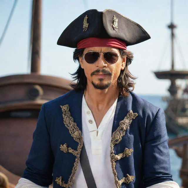 Shah Rukh Khan dressed as a pirate from the Caribbean, complete with traditional pirate clothes, an eye patch and the backdrop of a pirate ship