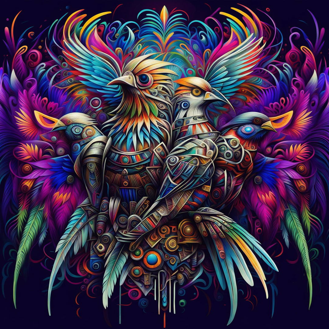 Psychedelic birds with intricate mecha elements soaring through a vibrant Day of the Dead inspired sky.