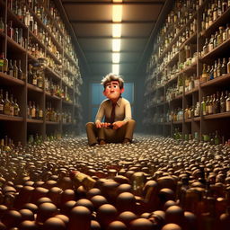 In a Pixar animation style, illustrate accountant Bob falling into despair, in an environment filled with empty bottles, symbolizing his drinking problems and isolation from work.