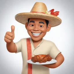 A cheerful cartoon character of Filipino descent in traditional Barong Tagalog, a straw hat, giving a thumbs up while holding a plate of Chicken Lechon.