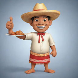 A cheerful cartoon character of Filipino descent in traditional Barong Tagalog, a straw hat, giving a thumbs up while holding a plate of Chicken Lechon.