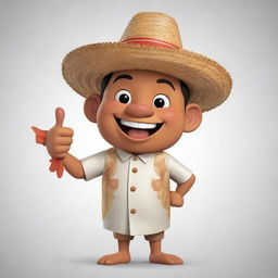 A cheerful cartoon character of Filipino descent in traditional Barong Tagalog, a straw hat, giving a thumbs up while holding a plate of Chicken Lechon.