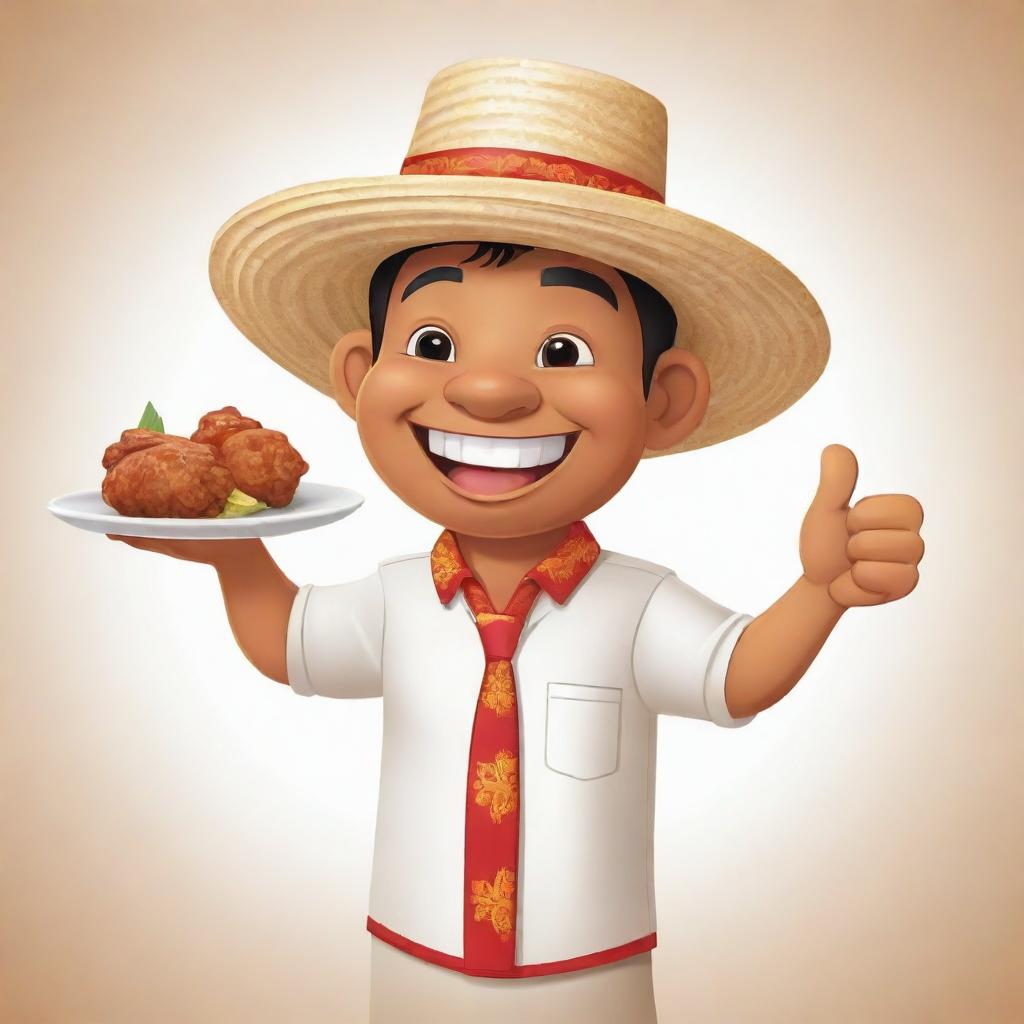 A cheerful cartoon character of Filipino descent in traditional Barong Tagalog, a straw hat, giving a thumbs up while holding a plate of Chicken Lechon.