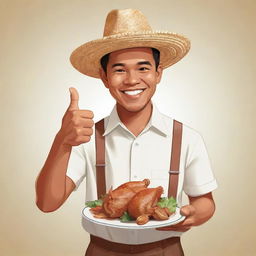 A smiling Filipino man in vector art style wearing a Barong Tagalog and straw hat, giving a thumbs up, while holding a plate with chicken lechon.