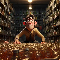 In a Pixar animation style, illustrate accountant Bob falling into despair, in an environment filled with empty bottles, symbolizing his drinking problems and isolation from work.