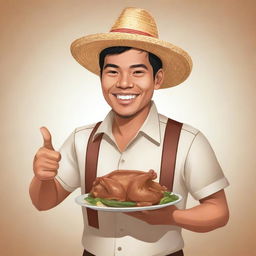 A smiling Filipino man in vector art style wearing a Barong Tagalog and straw hat, giving a thumbs up, while holding a plate with chicken lechon.