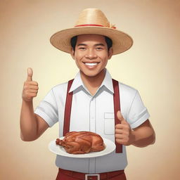 A smiling Filipino man in vector art style wearing a Barong Tagalog and straw hat, giving a thumbs up, while holding a plate with chicken lechon.