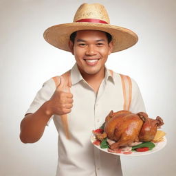 A smiling Filipino man in vector art style wearing a Barong Tagalog and straw hat, giving a thumbs up, while holding a plate with chicken lechon.