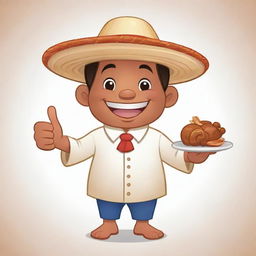 2D cartoon image of a Filipino character, smiling and giving a thumbs up. Character is wearing a traditional Barong Tagalog and a straw hat. They're holding a plate with Chicken Lechon