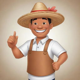 2D cartoon image of a Filipino character, smiling and giving a thumbs up. Character is wearing a traditional Barong Tagalog and a straw hat. They're holding a plate with Chicken Lechon