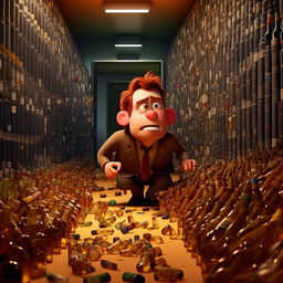 In a Pixar animation style, illustrate accountant Bob falling into despair, in an environment filled with empty bottles, symbolizing his drinking problems and isolation from work.