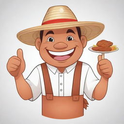 2D cartoon image of a Filipino character, smiling and giving a thumbs up. Character is wearing a traditional Barong Tagalog and a straw hat. They're holding a plate with Chicken Lechon