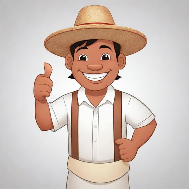 2D cartoon image of a Filipino character, smiling and giving a thumbs up. Character is wearing a traditional Barong Tagalog and a straw hat. They're holding a plate with Chicken Lechon