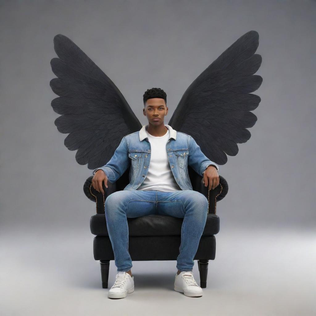 Generate a 3D image of an animated character with wings draped casually over a luxurious black chair. The character is clad in modern casual clothing, including a jeans jacket and white sneakers.