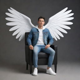 Generate a 3D image of an animated character with wings draped casually over a luxurious black chair. The character is clad in modern casual clothing, including a jeans jacket and white sneakers.