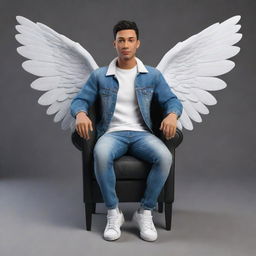 Generate a 3D image of an animated character with wings draped casually over a luxurious black chair. The character is clad in modern casual clothing, including a jeans jacket and white sneakers.