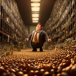 In a Pixar animation style, illustrate accountant Bob falling into despair, in an environment filled with empty bottles, symbolizing his drinking problems and isolation from work.