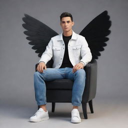 Generate a 3D image of an animated character with wings draped casually over a luxurious black chair. The character is clad in modern casual clothing, including a jeans jacket and white sneakers.