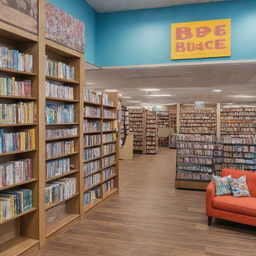 A colorful, eye-catching advertisement for a bookstore, featuring stacks of books, an inviting reading nook, and attractive discount banners.