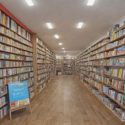 A colorful, eye-catching advertisement for a bookstore, featuring stacks of books, an inviting reading nook, and attractive discount banners.