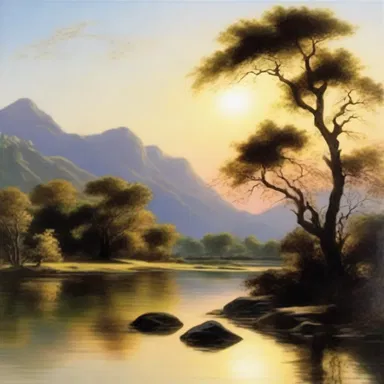 The picturesque landscape painting depicted a river flowing westward, capturing the beauty of the setting sun.