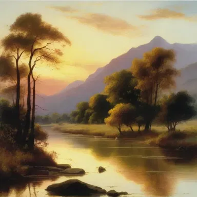 The picturesque landscape painting depicted a river flowing westward, capturing the beauty of the setting sun.