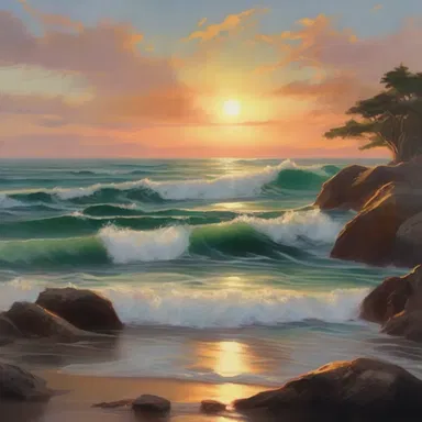 The landscape painting beautifully captures the sun setting westward over the ocean.