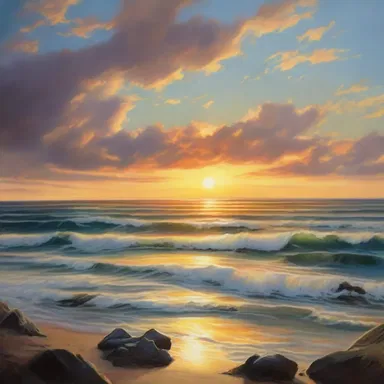 The landscape painting beautifully captures the sun setting westward over the ocean.