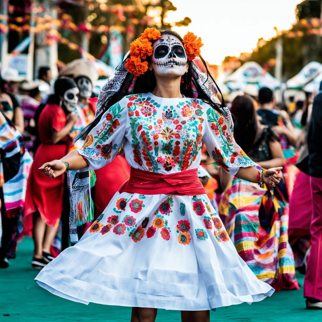 Portrait photograph of a girl dancing at a Day of the Dead festival in Mexico, adorned with traditional sugar skull makeup and intricate clothing.