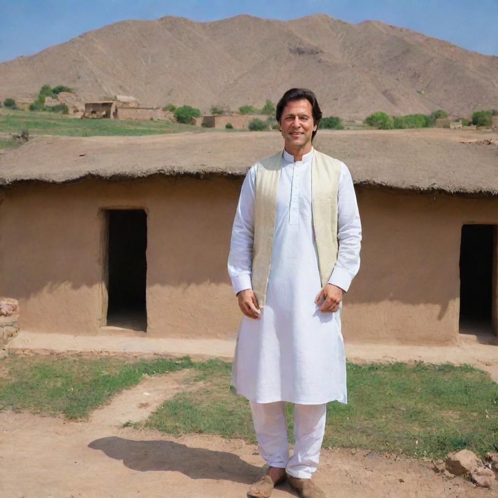 Imran Khan dressed in traditional Pakistani attire, posing in a picturesque village setting with rustic mud houses, lush green fields and clear blue skies in the backdrop.