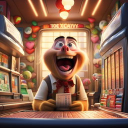 Potray Bob, in the style of Pixar, acting irrationally and buying a lottery ticket, with hope filled eyes, imagining the winning ticket as his chance to win Stacy's love.