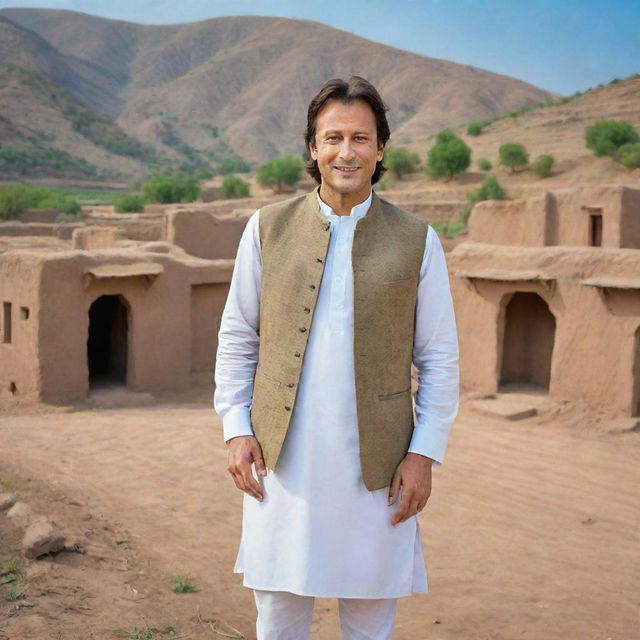 Imran Khan dressed in traditional Pakistani attire, posing in a picturesque village setting with rustic mud houses, lush green fields and clear blue skies in the backdrop.