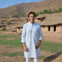 Imran Khan dressed in traditional Pakistani attire, posing in a picturesque village setting with rustic mud houses, lush green fields and clear blue skies in the backdrop.