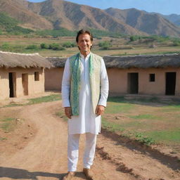 Imran Khan dressed in traditional Pakistani attire, posing in a picturesque village setting with rustic mud houses, lush green fields and clear blue skies in the backdrop.