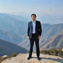 Imran Khan, Prime Minister of Pakistan, standing proudly on a majestic mountain top with a panoramic view of the stunning landscape behind him.