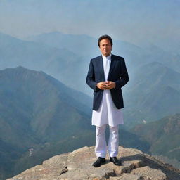 Imran Khan, Prime Minister of Pakistan, standing proudly on a majestic mountain top with a panoramic view of the stunning landscape behind him.