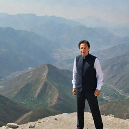 Imran Khan, Prime Minister of Pakistan, standing proudly on a majestic mountain top with a panoramic view of the stunning landscape behind him.