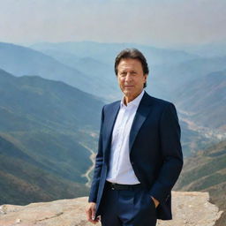 Imran Khan, Prime Minister of Pakistan, standing proudly on a majestic mountain top with a panoramic view of the stunning landscape behind him.