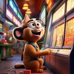 Potray Bob, in the style of Pixar, acting irrationally and buying a lottery ticket, with hope filled eyes, imagining the winning ticket as his chance to win Stacy's love.