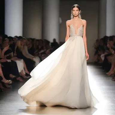 The flowing, elegant dress exuded a sense of serenity and tranquility as the model glided down the runway.