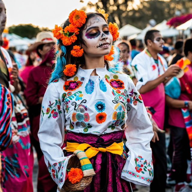 Waist-up portrait photograph of a girl with dyed white hair dancing at a Day of the Dead festival in Mexico, adorned with traditional sugar skull makeup and intricate clothing.