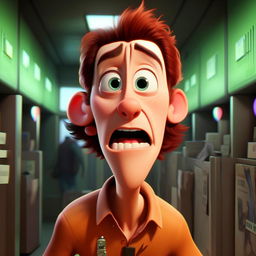 Create an image of a desperate Bob in the style of Pixar, performing a bank robbery with a clear expression of frantic madness in his eyes, in his misguided attempt to win Stacy's love.