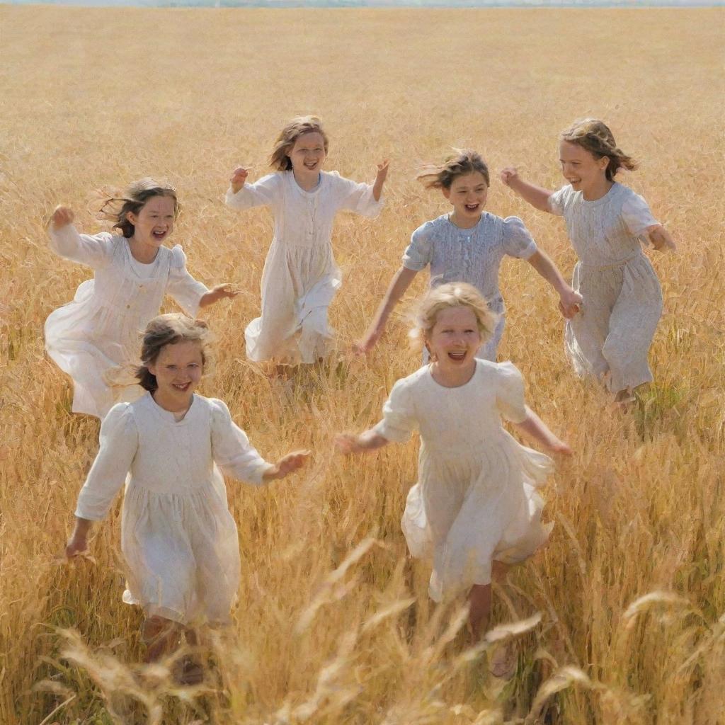 A lively scene of children playing merrily amidst a sea of golden wheat crops under a bright, sunny sky