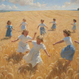 A lively scene of children playing merrily amidst a sea of golden wheat crops under a bright, sunny sky