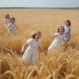 A lively scene of children playing merrily amidst a sea of golden wheat crops under a bright, sunny sky